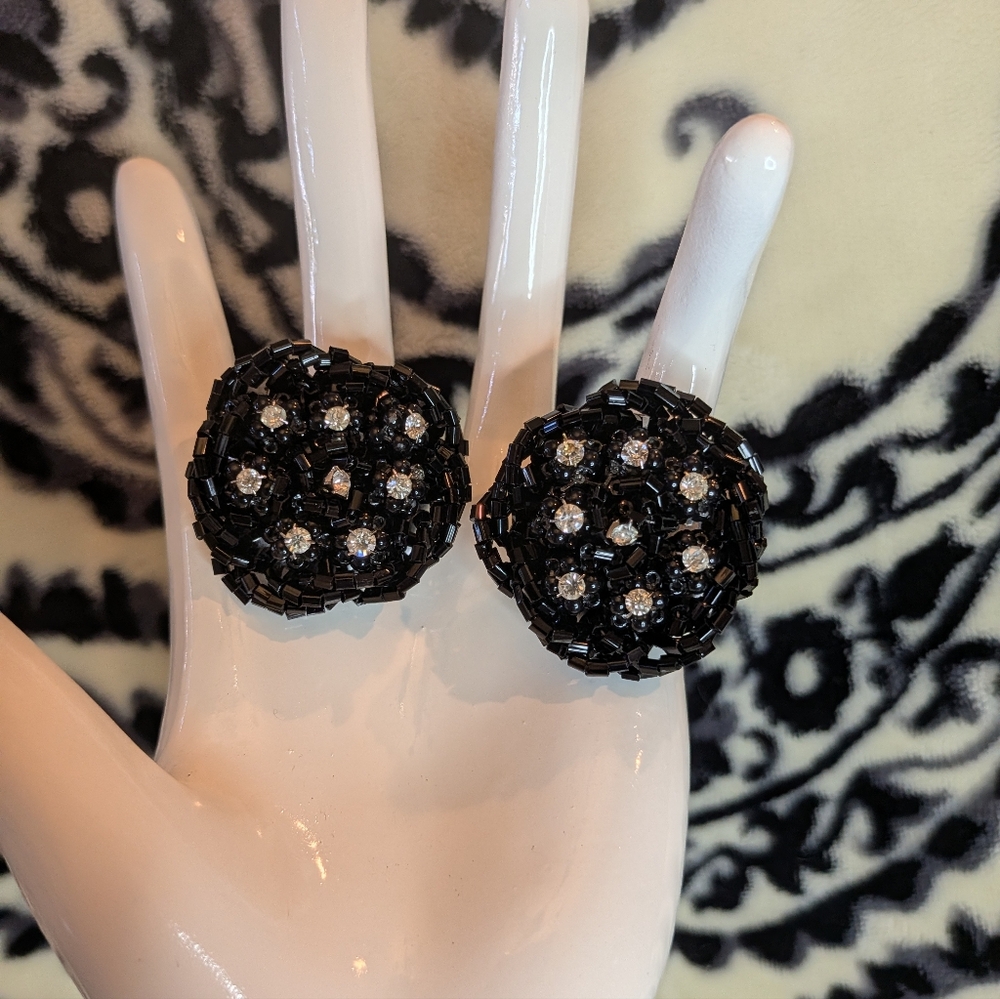 Vintage Black Bugle Bead And Rhinestone Clip On Earrings
